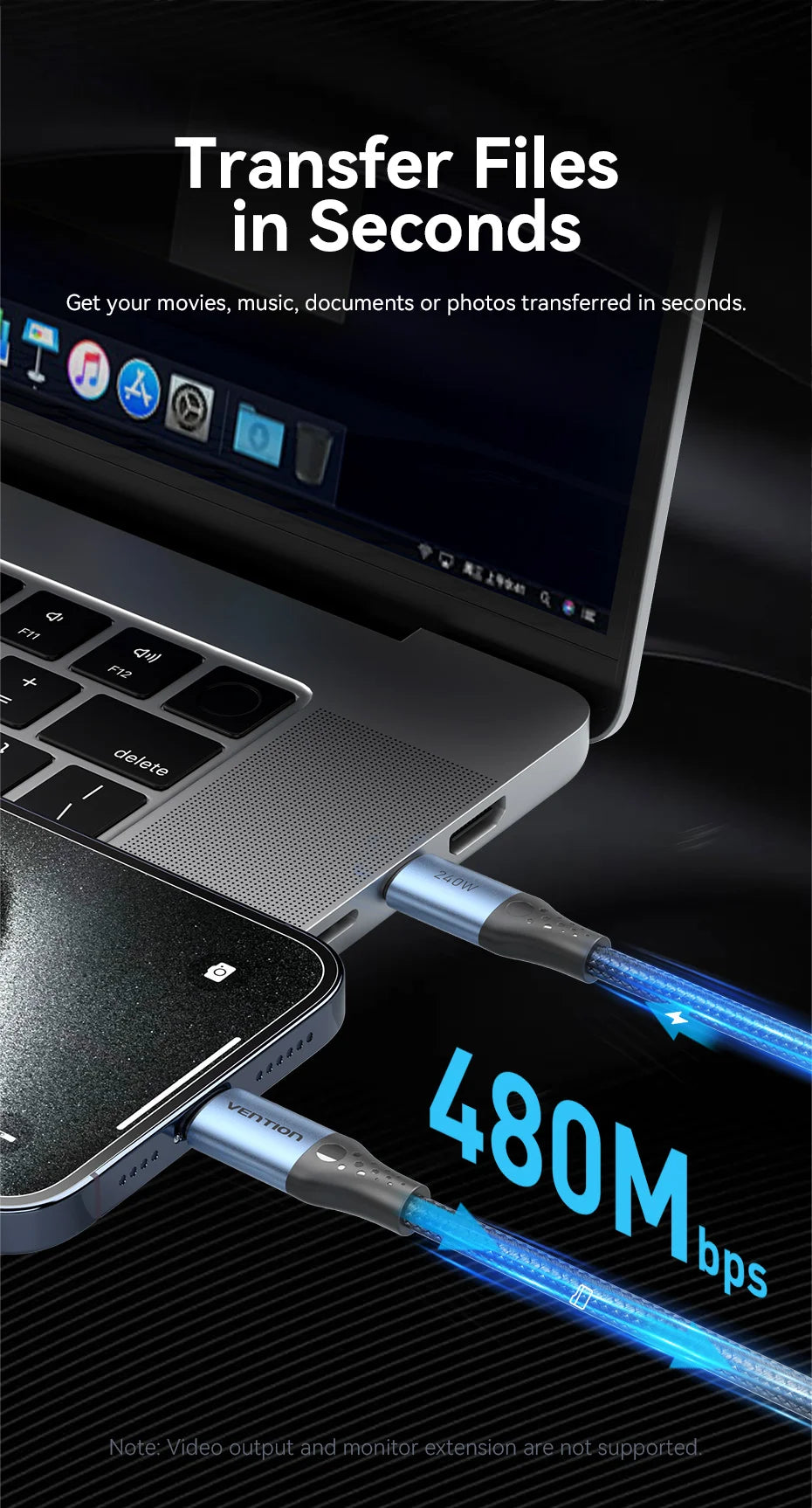 Cable Vention de 240W Tipo C a Tipo C PD3.1, Cable de Carga Rápida USB C a C para Transferencia de Datos, Compatible con MacBook, iPhone 17, 16, 15, Samsung S24, S25, Xiaomi 17