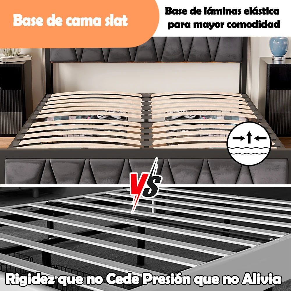 Base de Cama Matrimonial con 4 Cajones de Almacenamiento, Luz LED, Plataforma de Madera, Cabecera Tapizada en Terciopelo, Estación de Carga, No Requiere Somier