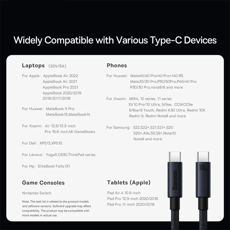 Baseus-Cable USB tipo C de carga rápida, cargador de 100W, PD, para iPhone 16, 15 Plus Pro Max, Macbook, Xiaomi y Samsung