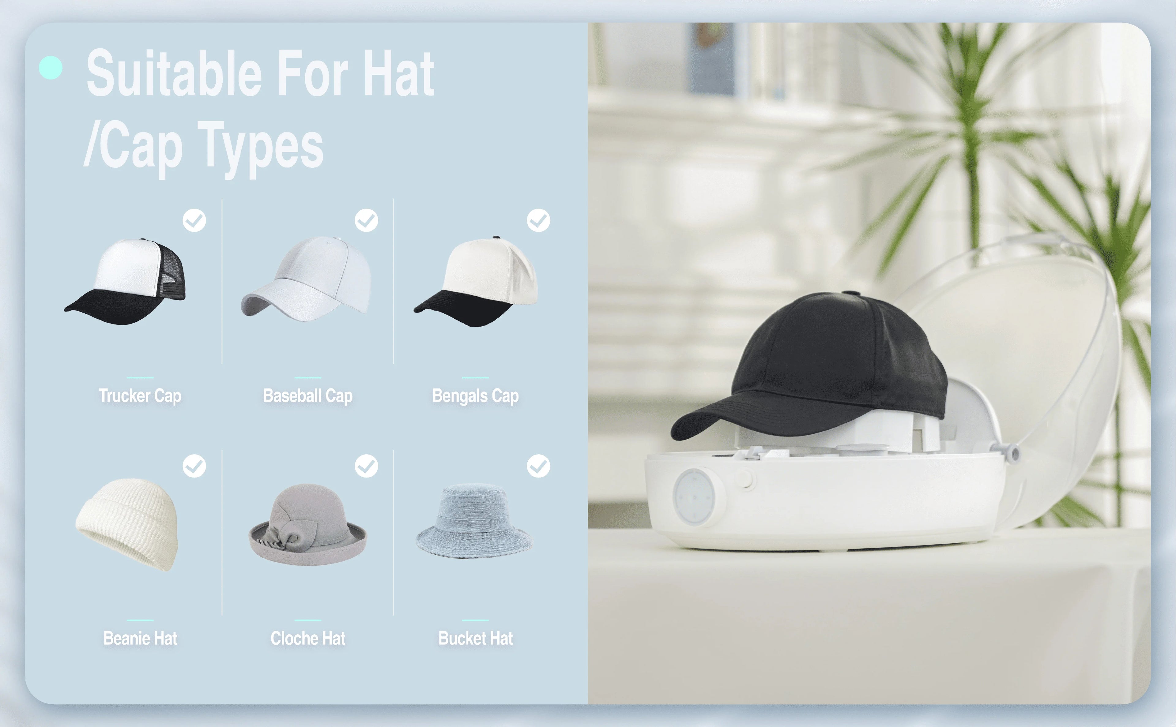 Máquinas automáticas para el cuidado de sombreros, esterilización a vapor, planchado y secado de sombreros de béisbol, sombreros de pescador, etc. (también para la pasteurización a vapor de pelucas)
