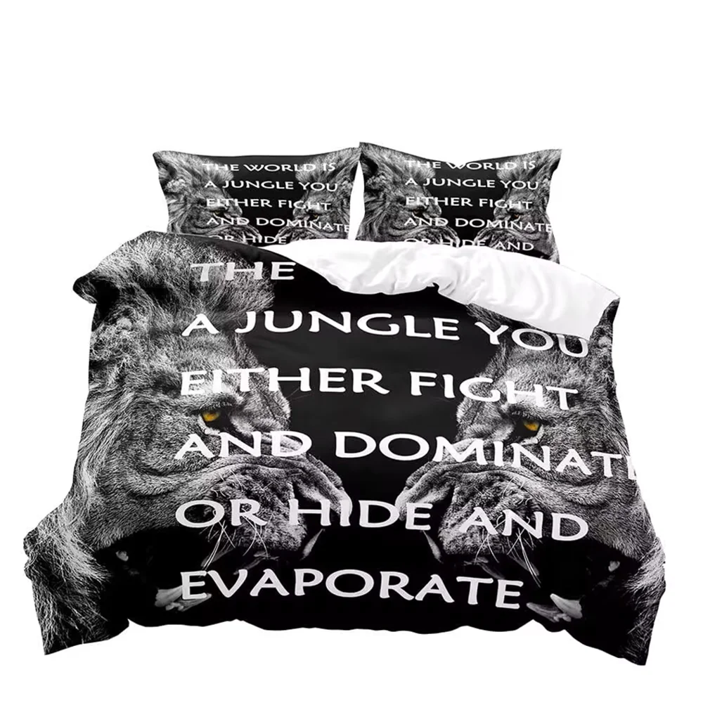 Juego de cama de tamaño completo para parejas, funda de edredón, decoración de dormitorio, León, Rey y Reina, Animal Safari africano, color negro, 3 piezas