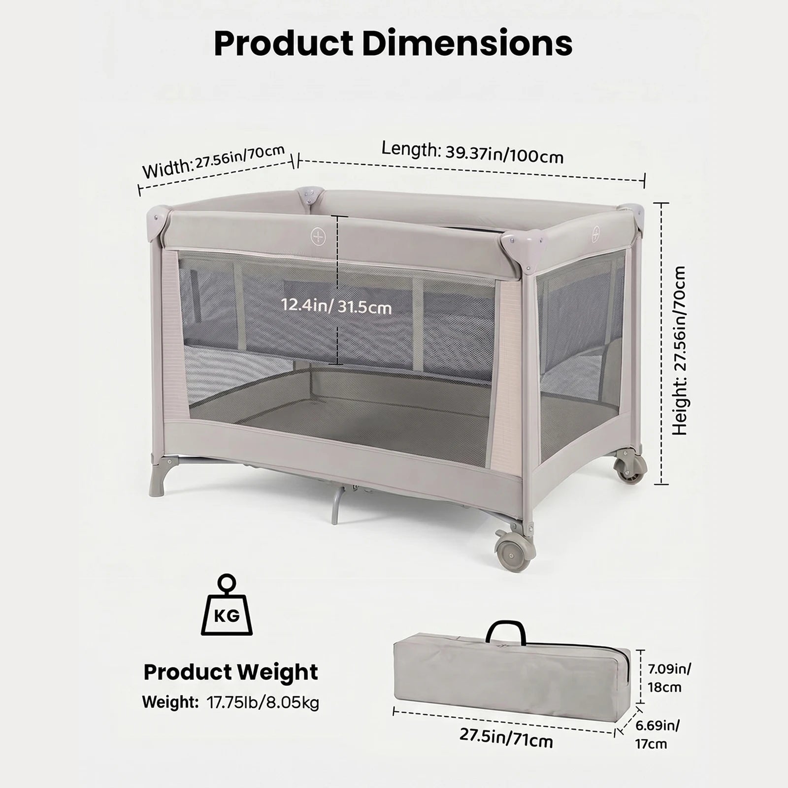 Cuna de Viaje Plegable con Colchón Suave, Ruedas y Bolsa de Transporte, Plegado Rápido y Compacto para Uso en Interiores y Exteriores para Recién Nacidos y Niños Pequeños