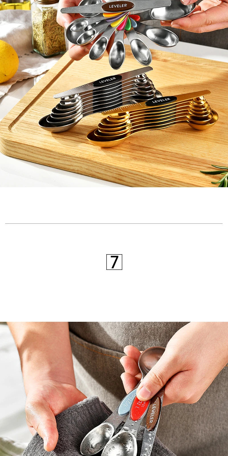 8 unids/set juego de cucharas medidoras magnéticas de acero inoxidable apilables cucharaditas de doble cara Metal preciso para latas de condimentos
