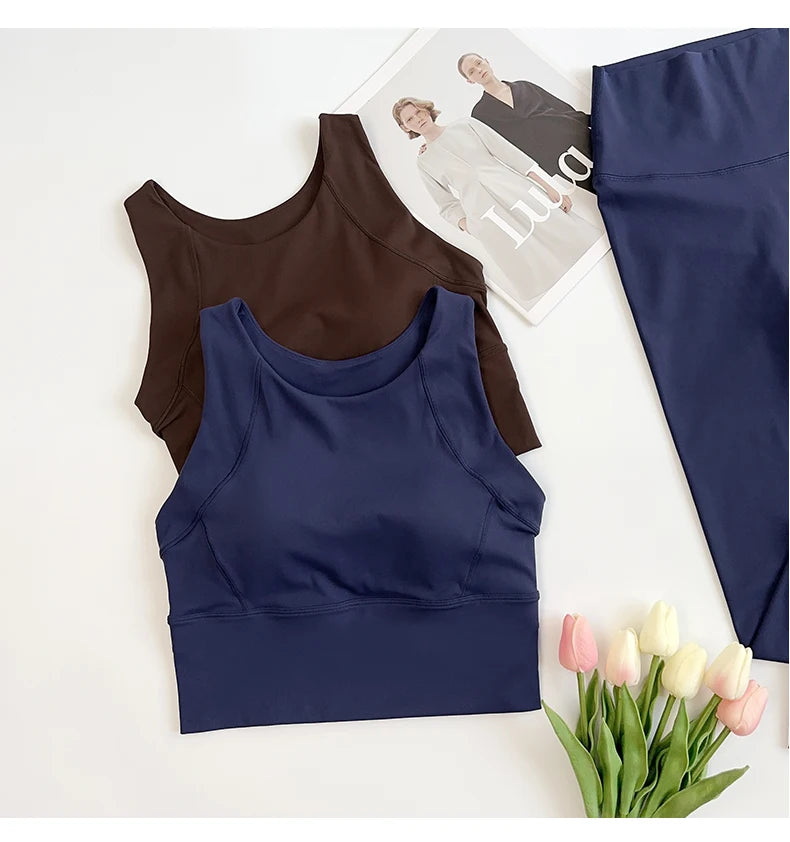 Ropa de Yoga de 2 piezas para mujer, conjunto de Yoga para gimnasio con tirantes cruzados en la espalda, Sujetador deportivo de realce, mallas de Yoga de cintura alta, ropa deportiva de entrenamiento