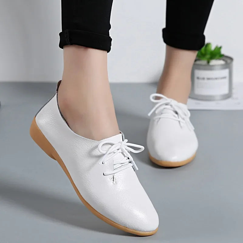 Mocasines de piel auténtica para mujer, zapatos informales, calzado suave con punta estrecha, zapatos planos de verano