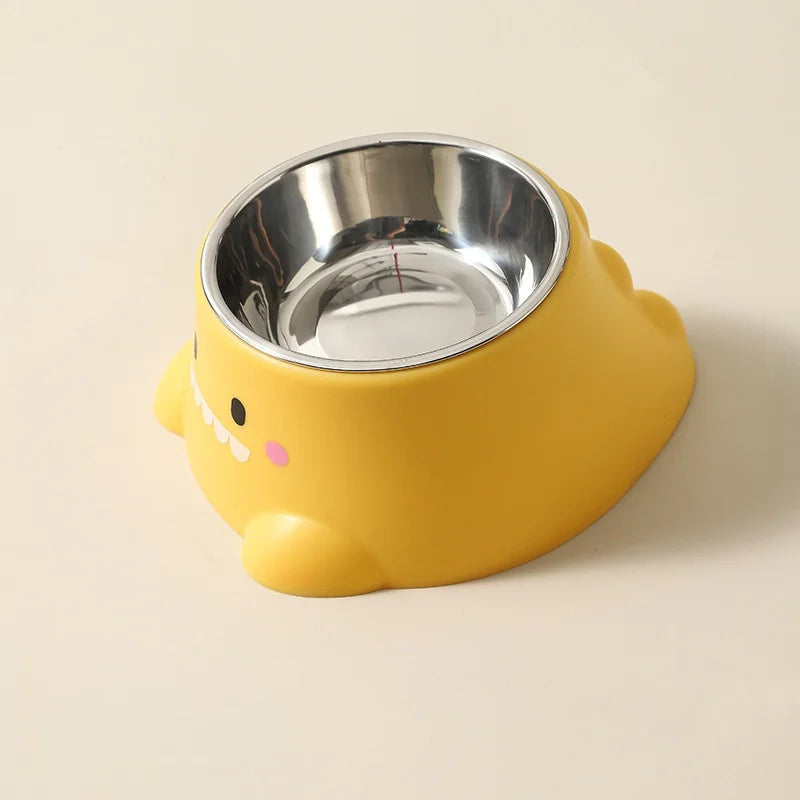 Dinosaurio de dibujos animados 15 °   Cuenco inclinado para mascotas: plato elevado de acero inoxidable con soporte para el cuello: comedero divertido y bonito para gatos y cachorros