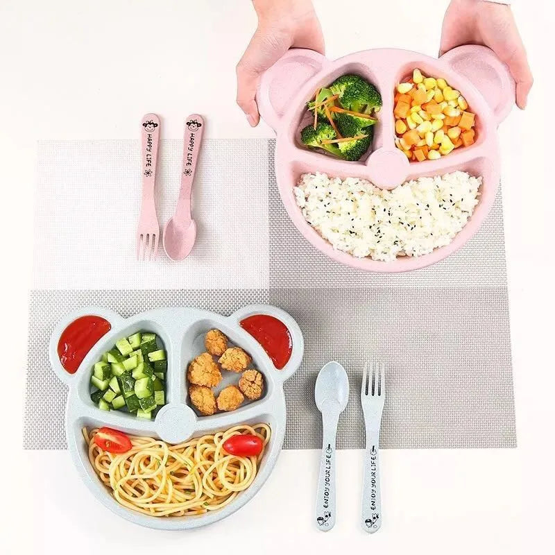3 unids/set vajilla de alimentación de comida para bebé tazón de oso de dibujos animados + cuchara + tenedor vajilla para comer platos para niños plato de comedor para niños