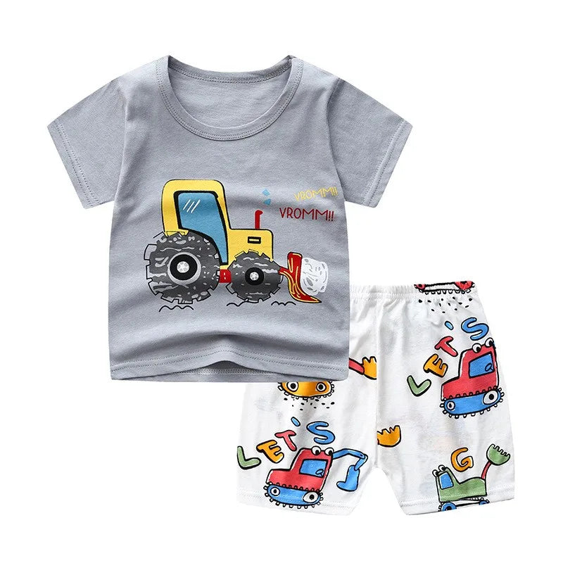 Conjunto informal de manga corta para niños, Camiseta con estampado de dinosaurio, pantalones cortos sueltos, traje de dos piezas, chándales bonitos de moda, ropa exterior