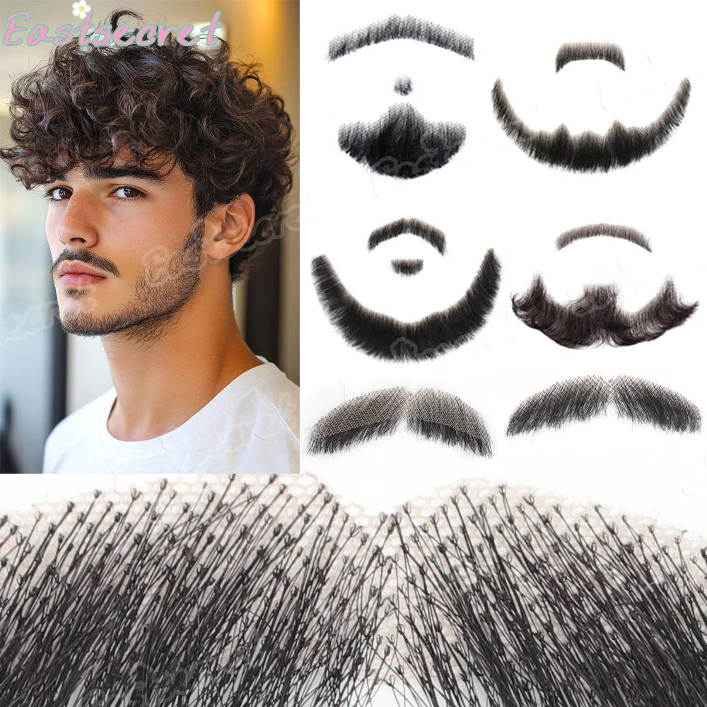 Bigote falso de barba de encaje sintético para hombres, bigote hecho a mano por pelo Real, Cosplay, encaje sintético, barbas invisibles