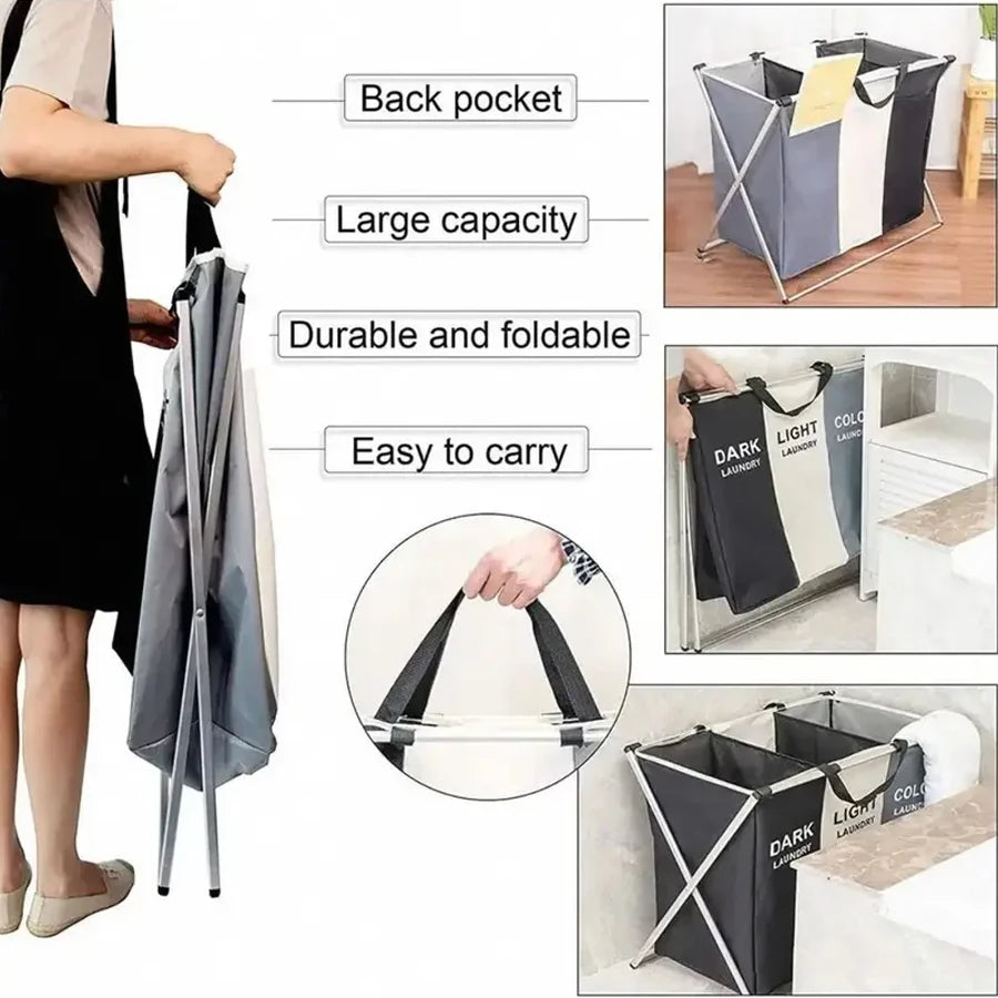 Cesto para ropa sucia con 3 compartimentos y cubierta de malla, marco de aluminio plegable, clasificador de ropa para baño, dormitorio, guardería.