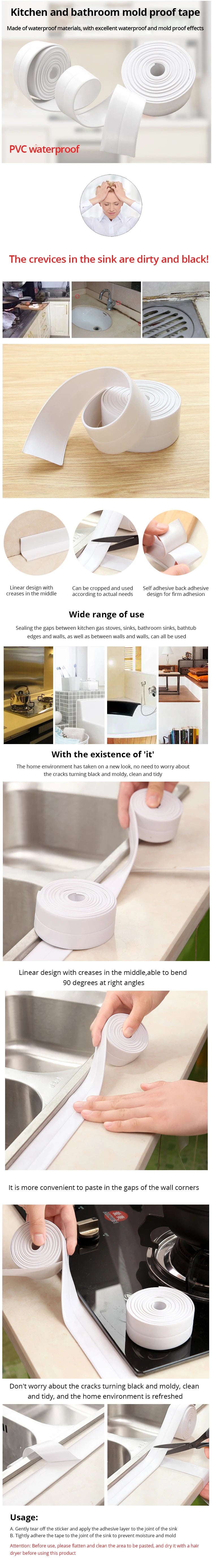 Pegatinas de pared impermeables para baño, cintas de sellado, tiras adhesivas de sellado de PVC, cinta para borde de fregadero, accesorios de baño y cocina, 1 ud.