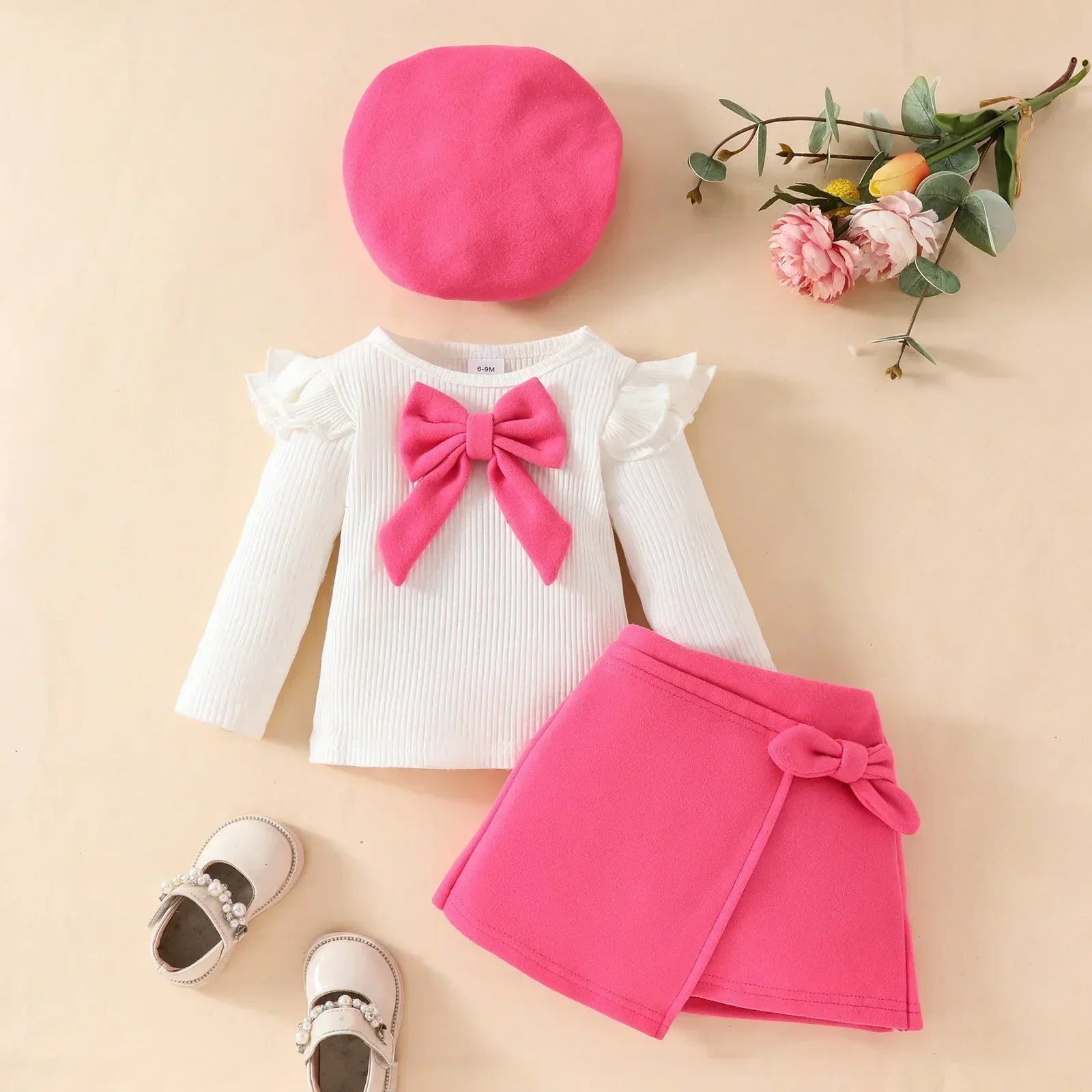 Conjunto de ropa de Año Nuevo para niñas de 0 a 3 años, Top de manga larga con lazo grande, falda Irregular y boina, ropa de Navidad para niños pequeños de 3 uds.