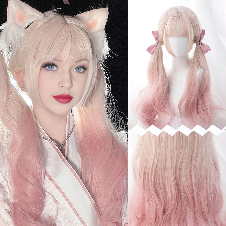 LM Rubio sintético Ombre mezclado rosa Rubio largo ondulado pelucas con flequillo Cosplay fiesta uso fibra resistente al calor para mujeres