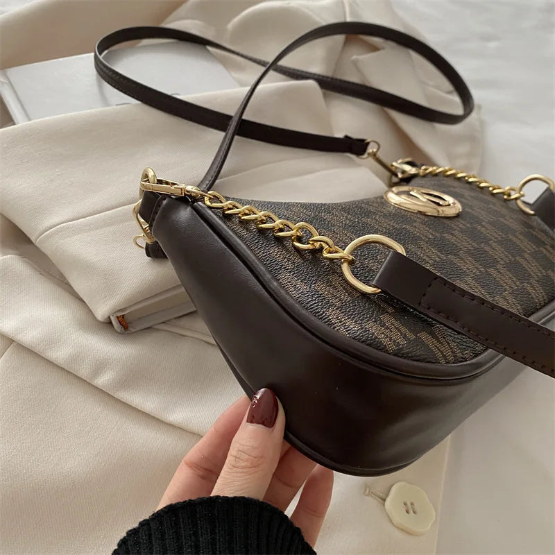 Bolso retro francés para axila, bolso de un hombro con estampado de letras y cadena cuadrada cruzada diagonal para mujer