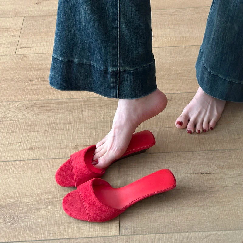 Sandalias de Verano para Mujer, Punta Abierta, Gamuza, Elegantes, Color Sólido, Tacón de Cuña, Zapatos de Vestir, Cómodas, para Playa y Exteriores