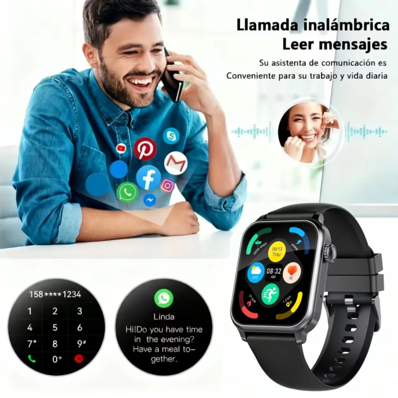 Reloj Inteligente Unisex Edvell Pantalla Completa Curvada Llamadas Inalámbricas por Bluetooth Larga Duración de Batería Reproducción de Música Monitoreo del Sueño Recordatorio de Notificaciones de Mensajes Reloj de Fitn