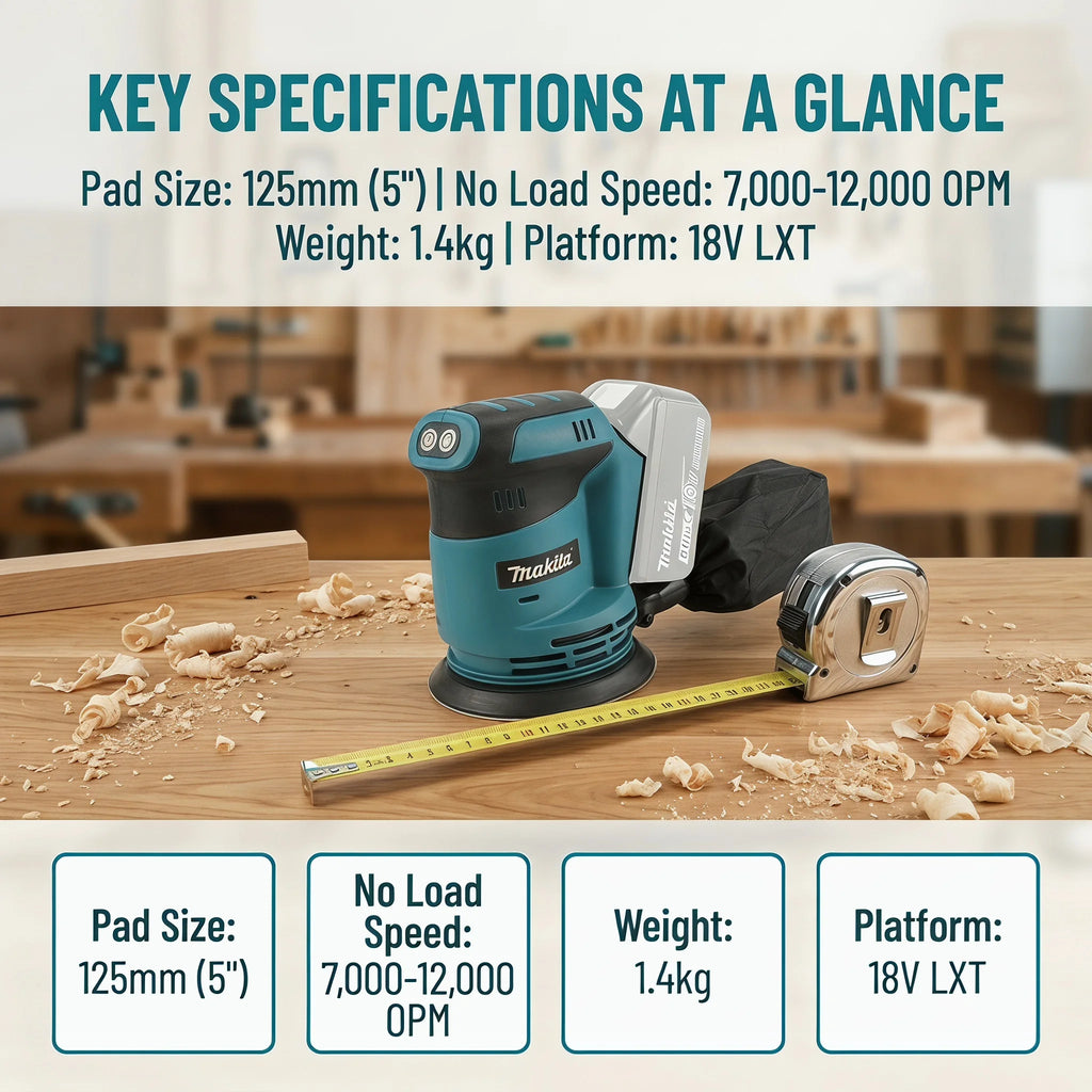 Lijadora Orbital Inalámbrica Makita DBO180Z de 18V, Pulidora Multivelocidad sin Escobillas para Lijado Profesional y Bricolaje en Madera (Solo Herramienta)