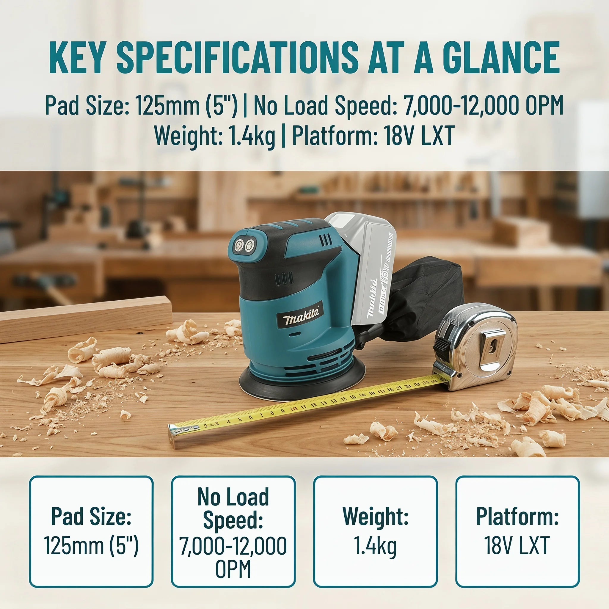 Lijadora Orbital Inalámbrica Makita DBO180Z de 18V, Pulidora Multivelocidad sin Escobillas para Lijado Profesional y Bricolaje en Madera (Solo Herramienta)
