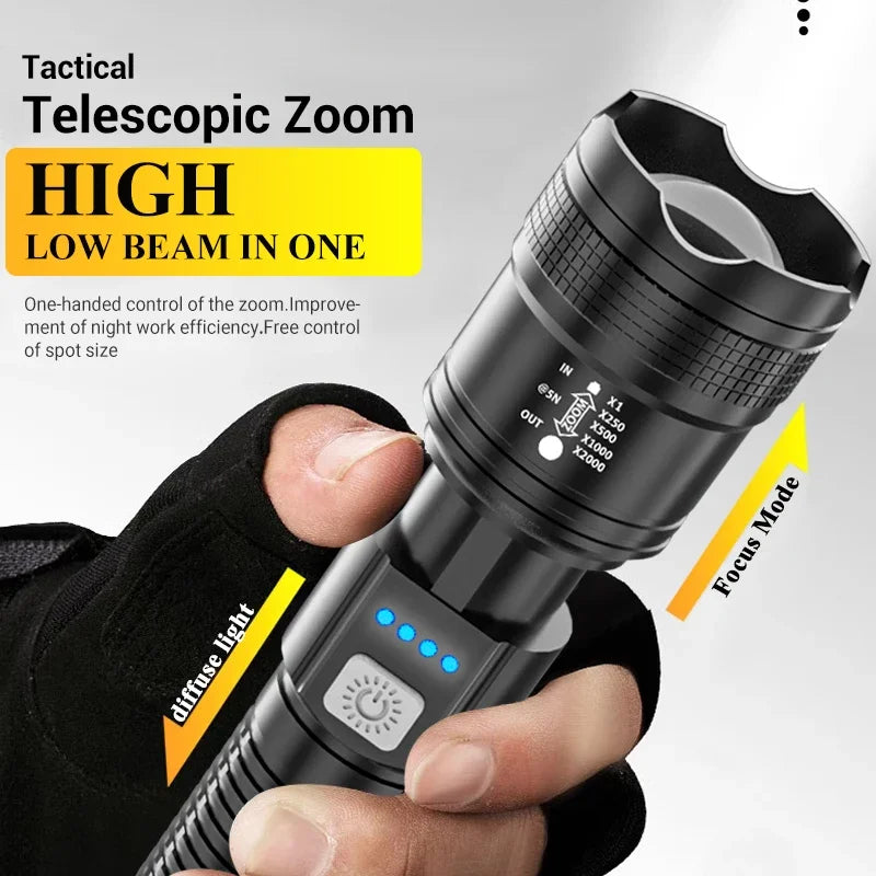 Linternas Led de alta potencia y fuerte, linterna táctica de 2000LM con luz de pantalla, carga USB, Camping, pesca, linterna con Zoom de emergencia