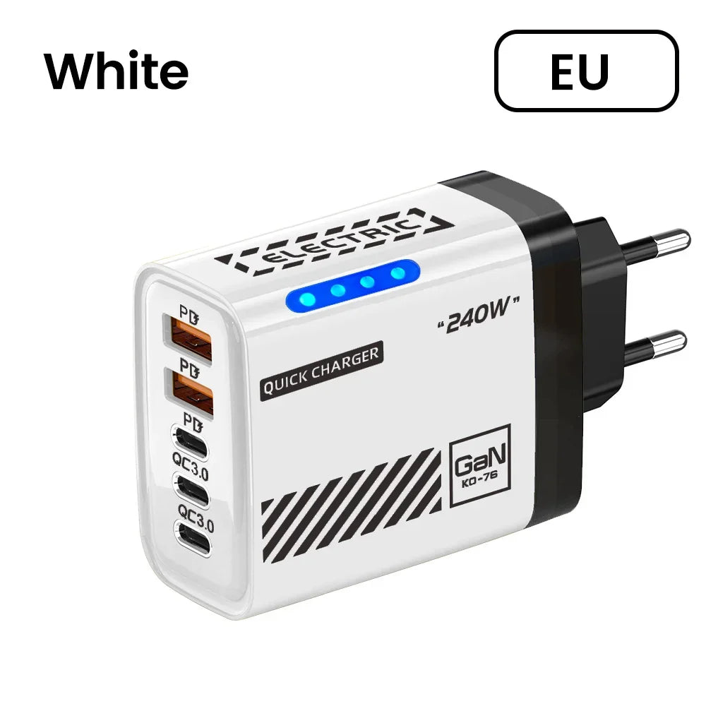 Cargador Rápido de Teléfono de 240W, Enchufe US/EU, QC3.0 PD USB, 5 Puertos, Cabezal de Carga GaN con Luz LED para iPhone 17 16, Samsung, Huawei
