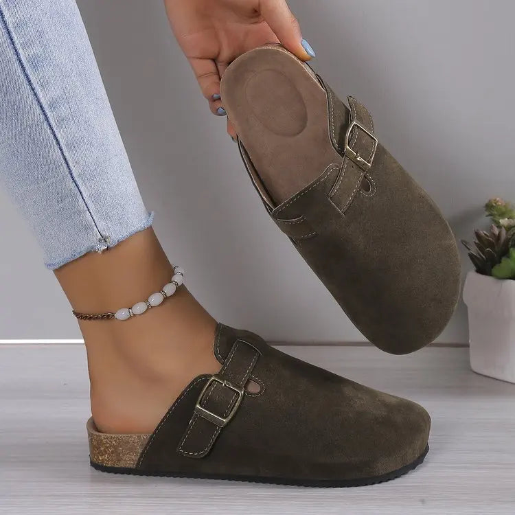 Sandalias de medio arrastre, zuecos para mujer, zapatillas de gamuza de corcho a la moda, zapatillas clásicas antideslizantes de corcho para exteriores con arco