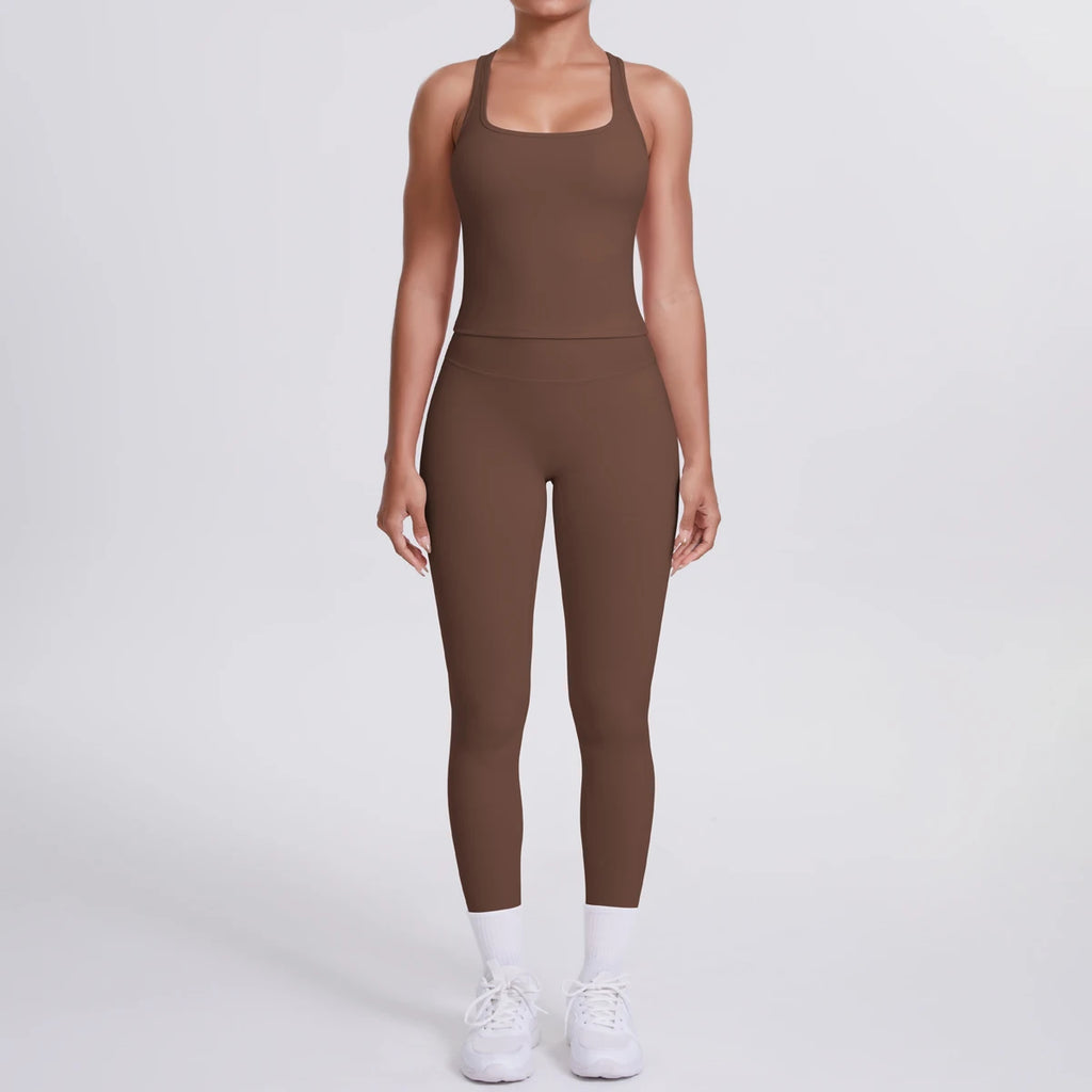 Hamidou - Conjunto de yoga de 2 piezas para mujer: leggings de fitness de secado rápido con efecto push-up y top deportivo con espalda en I de color liso.