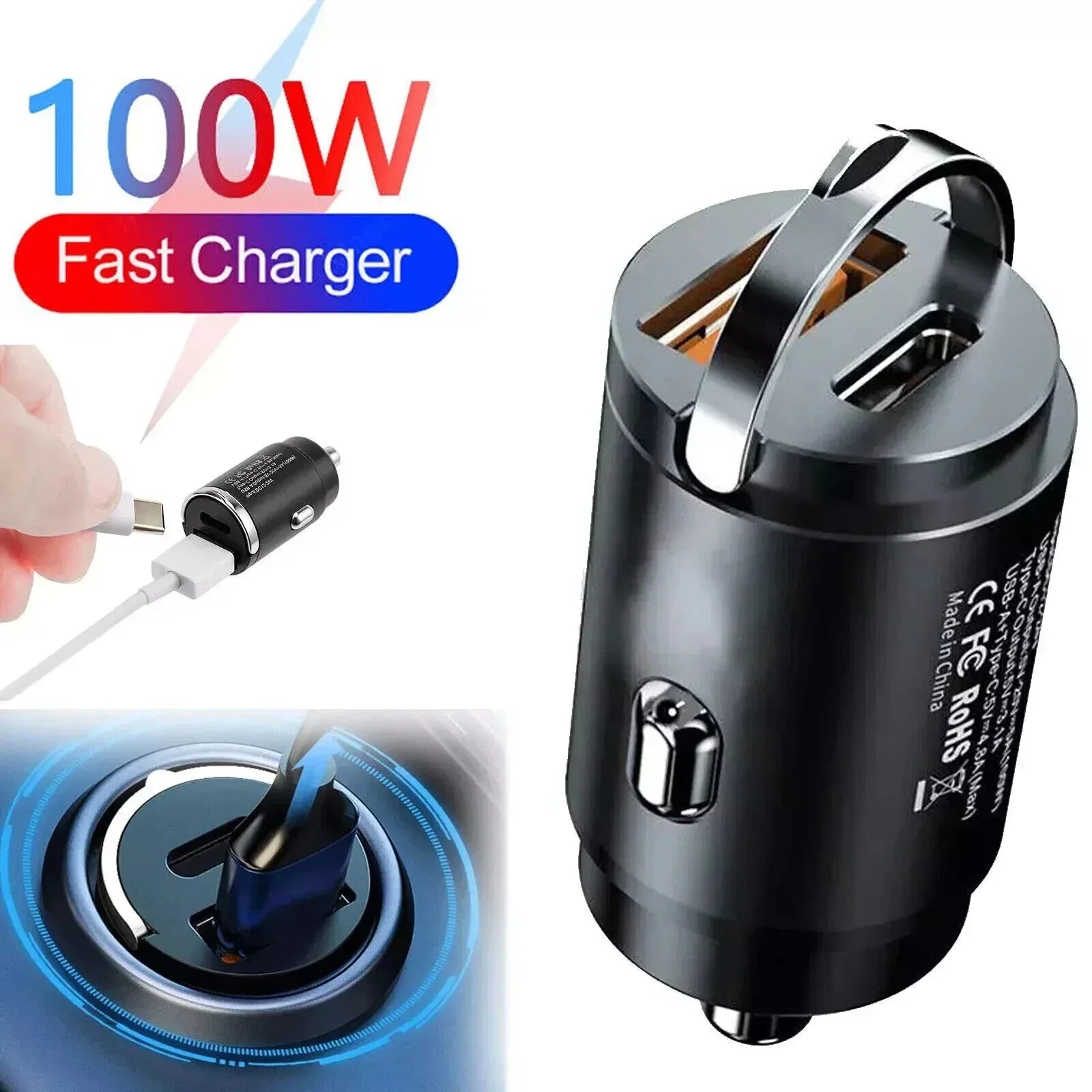 Cargador Rápido para Auto de 100/200W, Mini Adaptador de Enchufe para Teléfono Móvil con Doble USB Tipo-C PD, para iPhone 17 16 15 Pro MAX, Cargador Universal para Auto