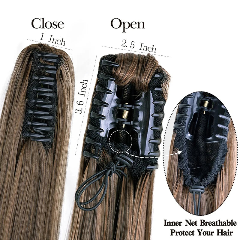 Extensiones de cabello de cola de caballo recta larga sintética, Clip de mandíbula de garra de 22 pulgadas en extensiones de cabello para mujeres, postizos de fibra sintética