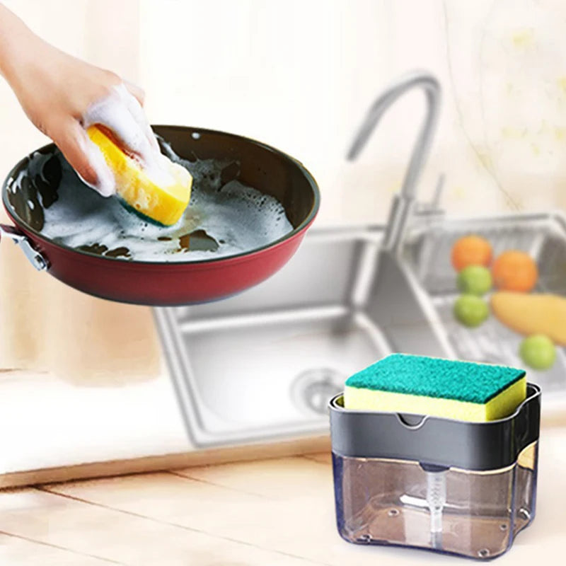 Dispensador de jabón portátil con prensa de detergente para cocina, paño limpio Pak, olla para lavar platos, herramienta de limpieza