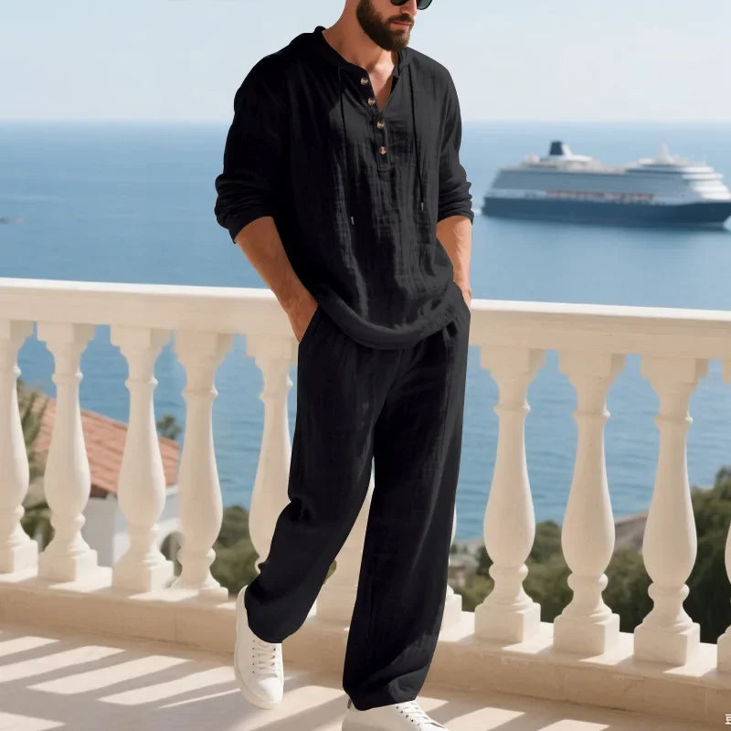 Conjunto informal holgado de lino para hombre, camisa Henry de manga larga y pantalones largos, conjunto cómodo y transpirable a la moda para otoño 2025