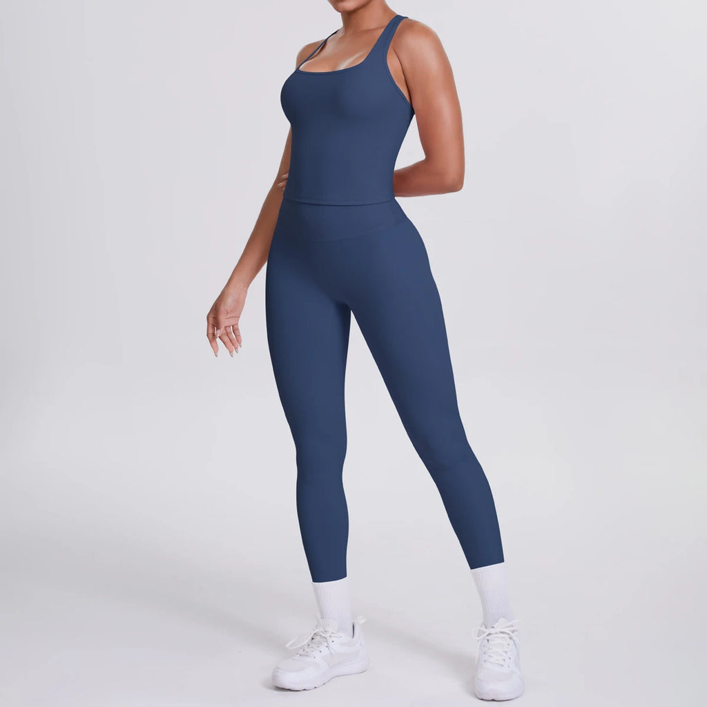 Hamidou - Conjunto de yoga de 2 piezas para mujer: leggings de fitness de secado rápido con efecto push-up y top deportivo con espalda en I de color liso.