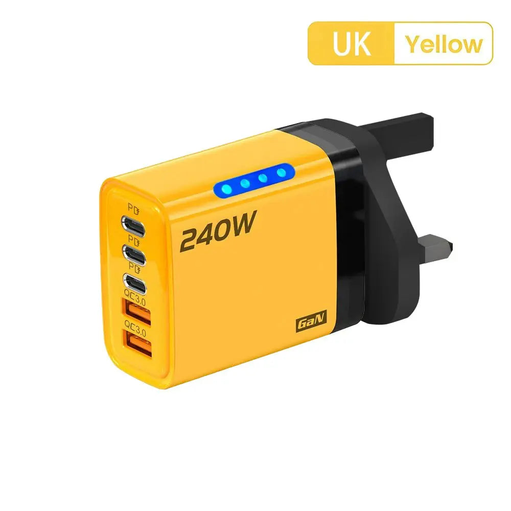 Cargador USB C GaN 5 en 1 de 240W, adaptador de carga rápida para teléfono, PD QC3.0, enchufe europeo/estadounidense/británico, cargador de pared para iPhone, Samsung, Xiaomi