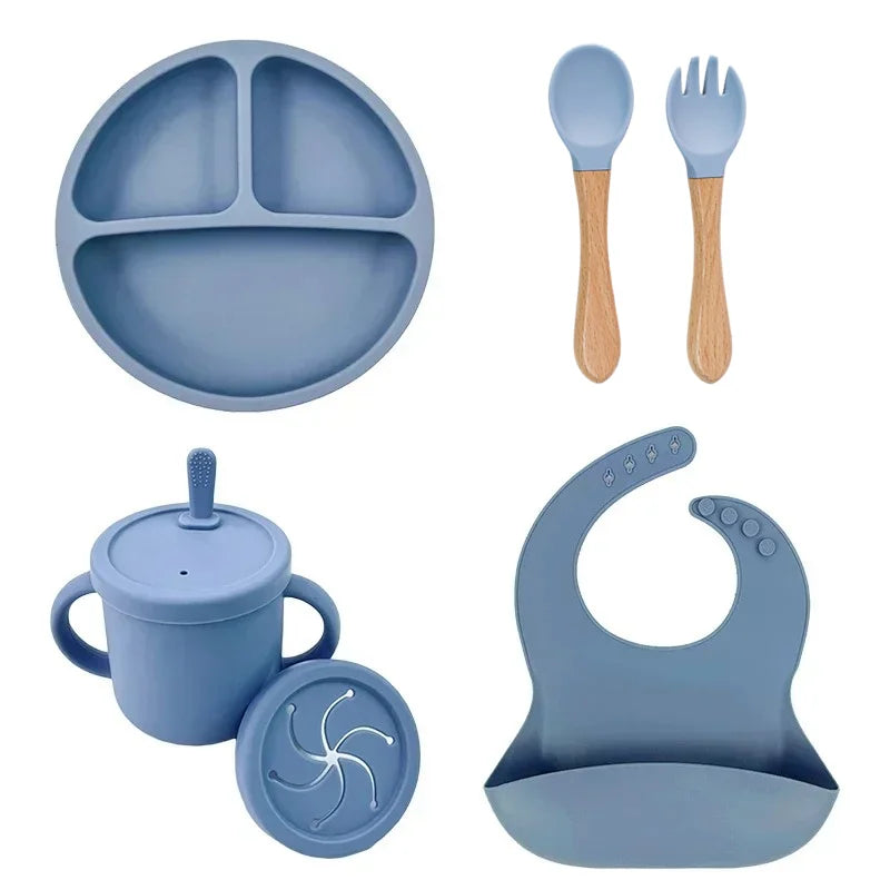 Juego de alimentación de bebé de silicona sin BPA, cuenco con ventosa, plato de comedor, taza de paja, cuchara, tenedores para niños, vajilla para bebés, platos para niños