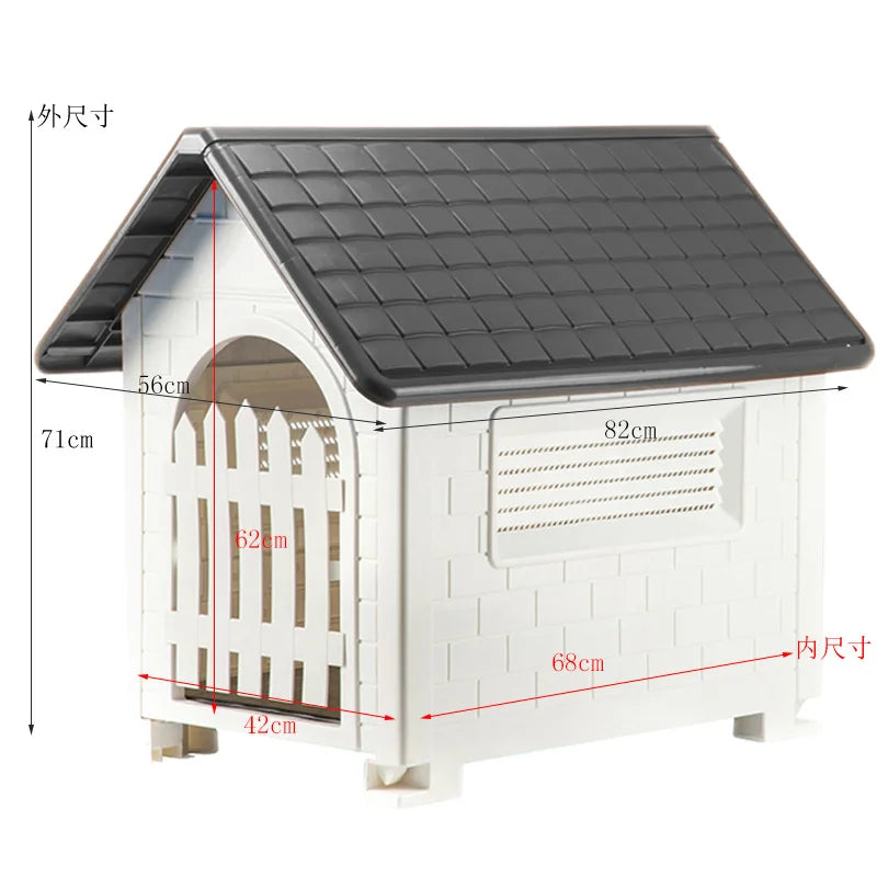Casa para perros interior y exterior: cubierta extraíble a prueba de lluvia, perrera de plástico para perros medianos/grandes, refugio impermeable y resistente al viento
