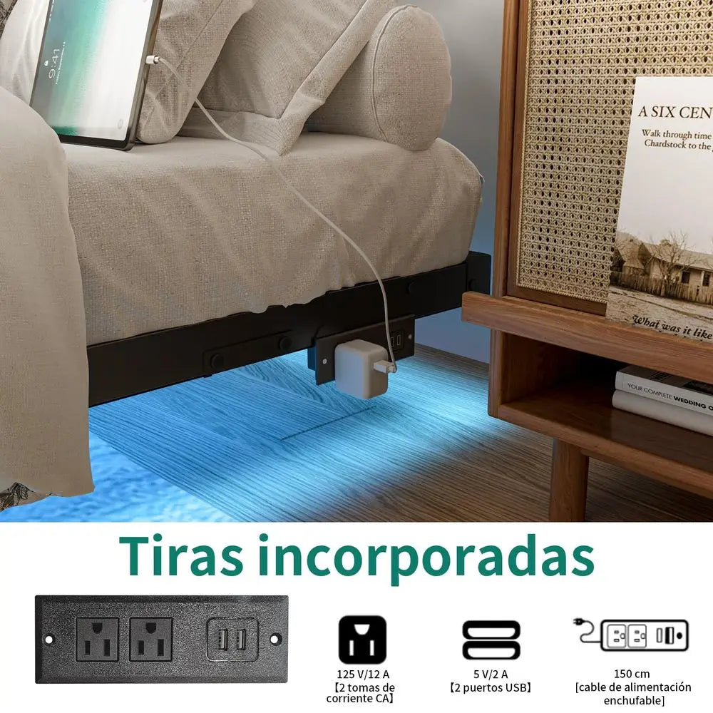 ESPACIO Base de Cama Matrimonial Flotante, Base de Cama LED con Estación de Carga, con Láminas de Acero de Alta Resistencia, No Requiere
