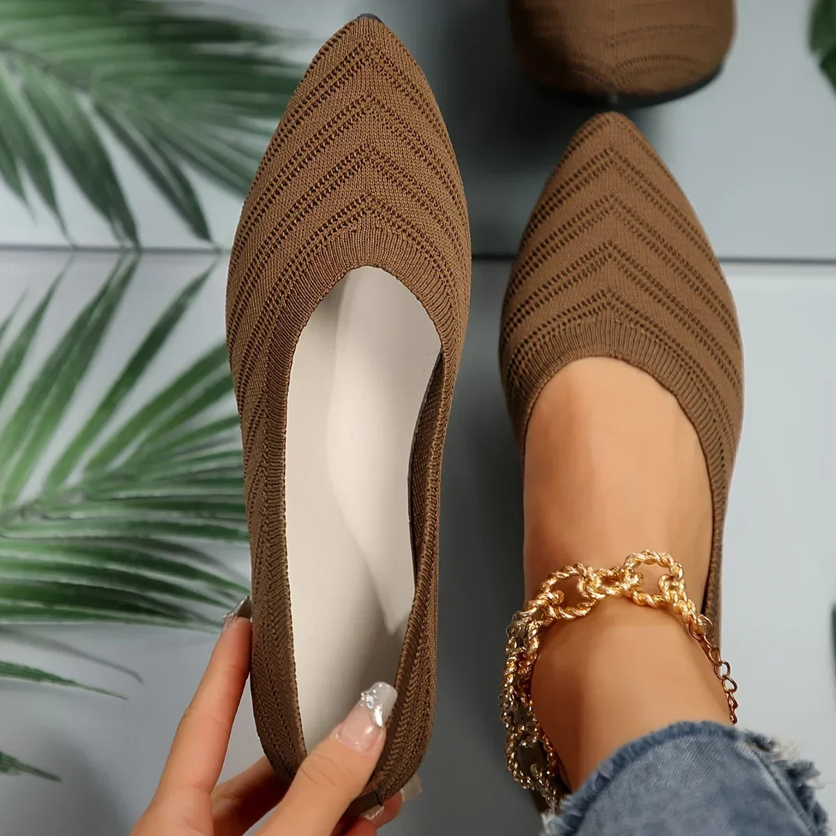 Zapatos planos con punta estrecha para mujer, zapatos sin cordones tejidos de Color sólido, bailarinas informales transpirables, zapatos planos para mujer, mocasines para mujer