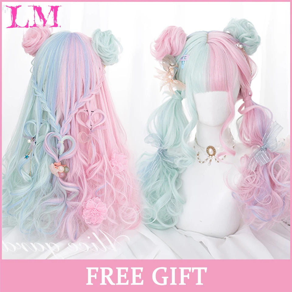LM Rubio sintético Ombre mezclado rosa Rubio largo ondulado pelucas con flequillo Cosplay fiesta uso fibra resistente al calor para mujeres