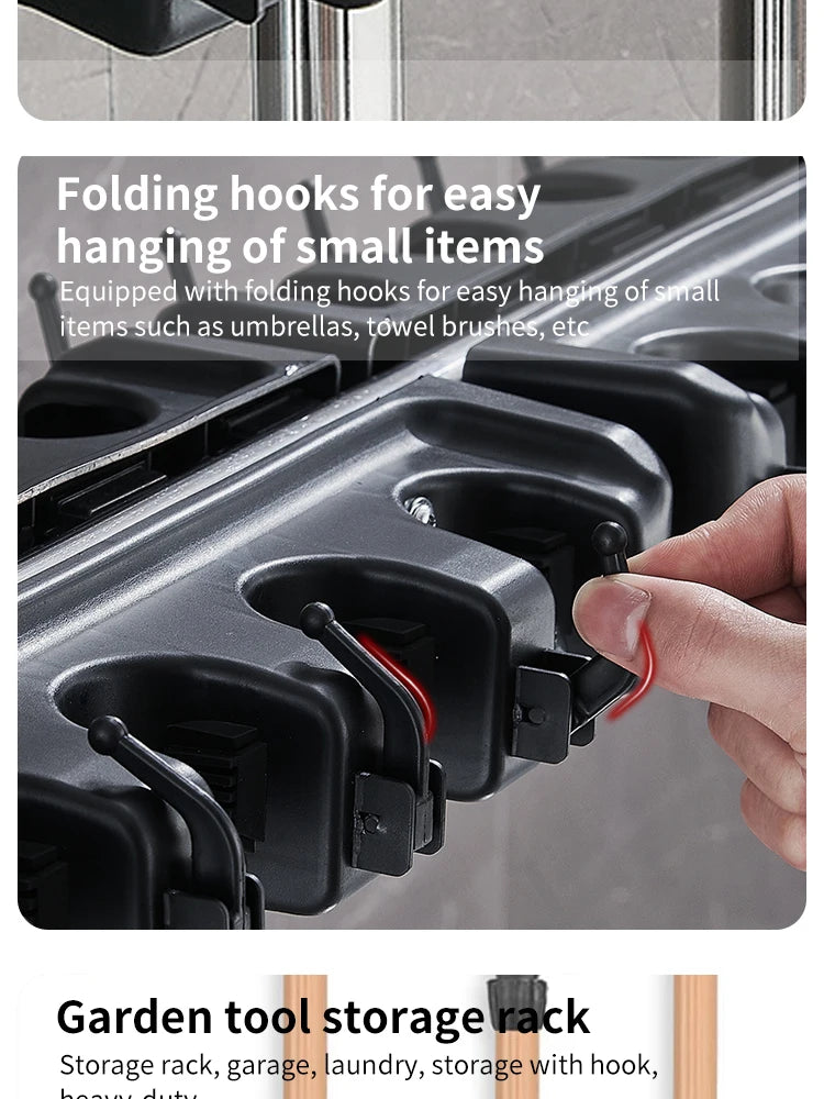 Soporte para fregona montado en la pared, colgador multifuncional de 3/4/5 posiciones, estante de almacenamiento de plástico mágico negro para cocina y hogar