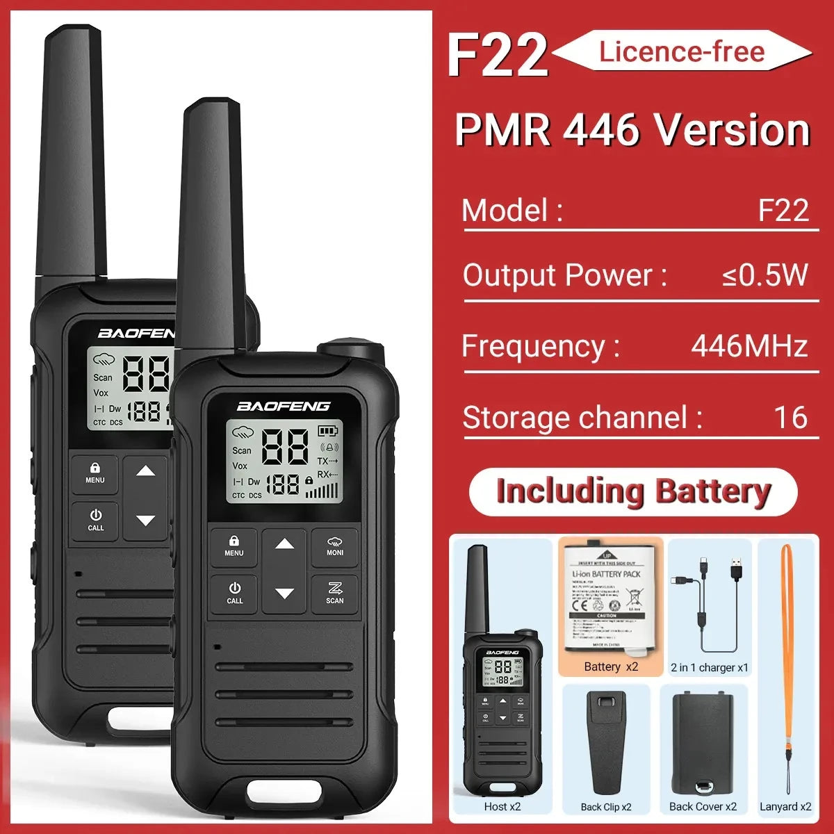 2PCS Baofeng F22 PMR 446MHz Mini Walkie Talkie Impermeable Tipo-C Sin Licencia NOAA Linterna Radio Bidireccional Portátil para Caza
