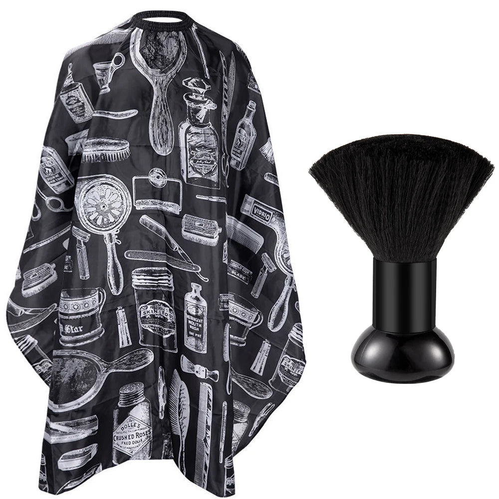 Set de Capa de Barbero y Cepillo para Cuello, Capa de Corte de Pelo Impermeable con Estampado Retro, Cepillo Suave para Limpiar el Cuello, para Peluquería y Uso Doméstico