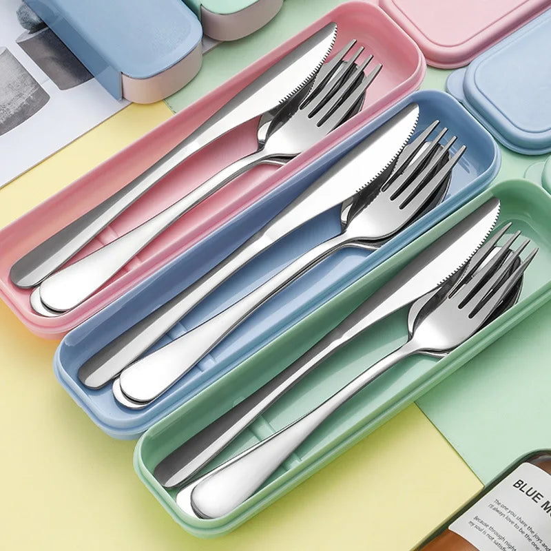 Juego de cubiertos portátiles de acero inoxidable de 3/4 piezas con caja de almacenamiento, palillos, tenedor, cuchara, cuchillo, juego de vajilla de viaje, cubiertos para acampar