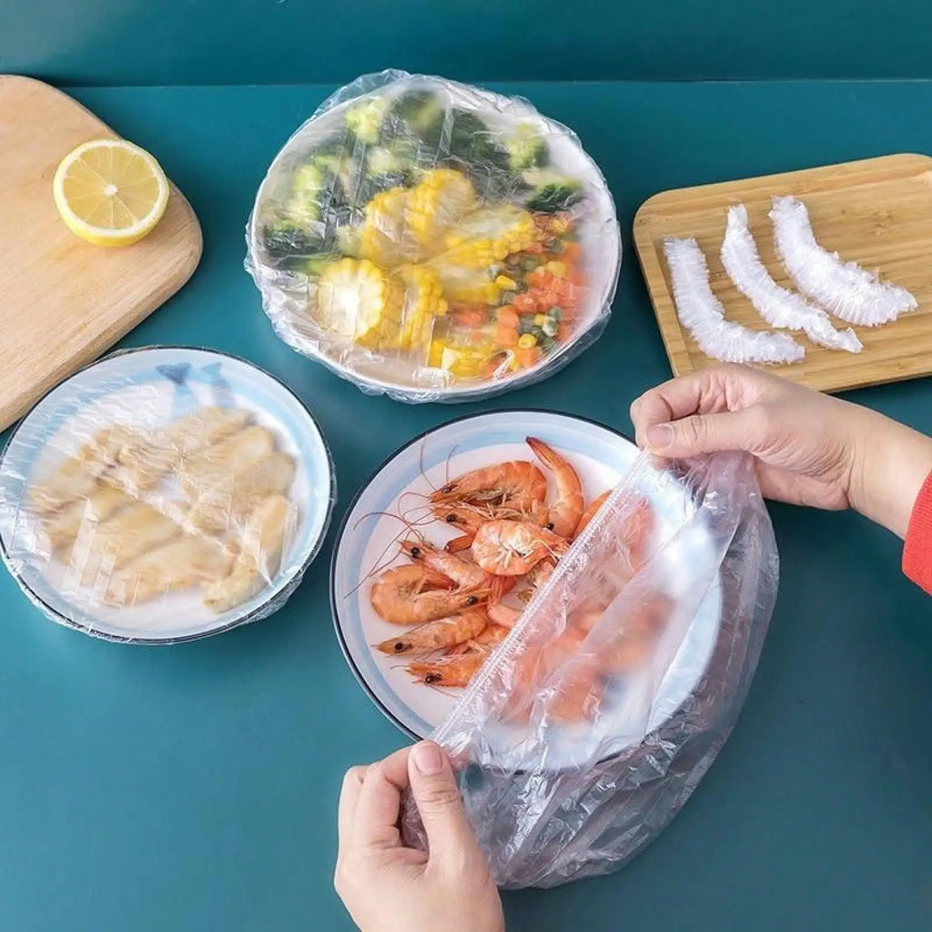 100 Cubiertas Desechables para Alimentos, Cubiertas de Plástico con Borde Elástico. Tapa Universal para Tazones, para Mantener la Frescura de los Alimentos en la Cocina, a Prueba de Polvo y Apta para Microondas