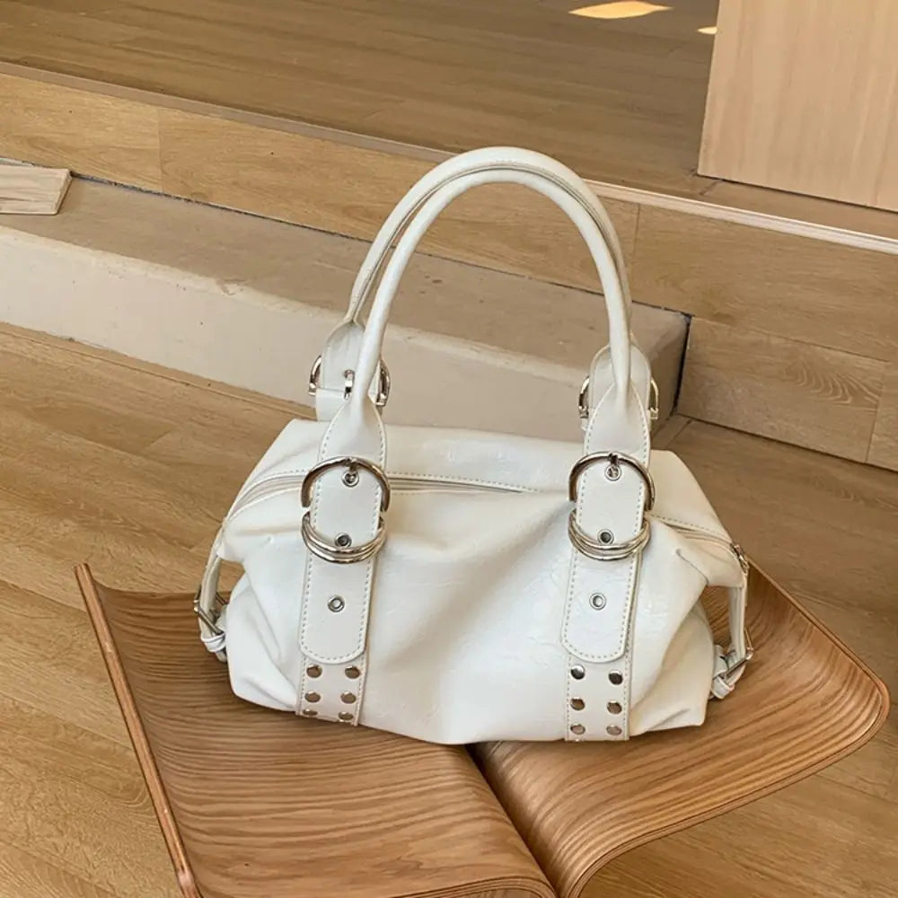 Bolso de Hombro Retro Y2K Simple con Remaches, Bolso de Motocicleta de Cuero PU Estilo Spicy Girl, Bolso Tote de Moda Coreana para Chicas