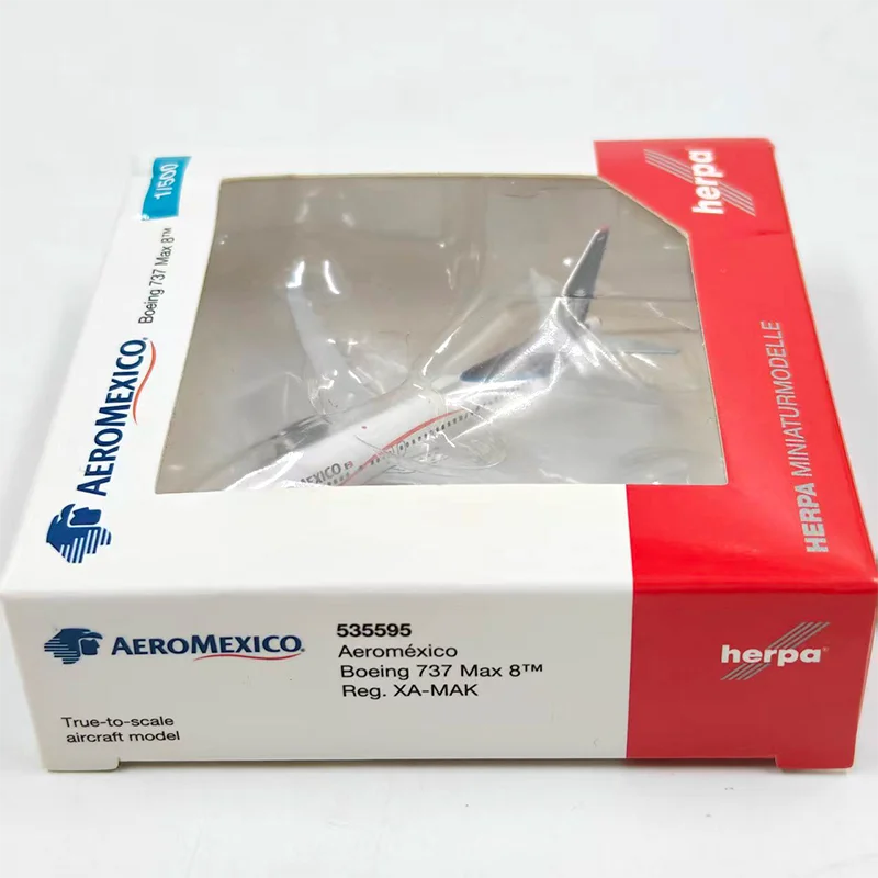 Modelo de avión de pasajeros Herpa Diecast Alloy a escala 1:500, Boeing 737 MAX 8 535595 de México, para exhibición y colecciones.