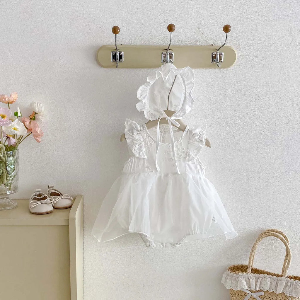 Conjunto de Ropa para Bebé Niña de 0 a 2 Años, 2026, Body Blanco con Estampado Floral Tridimensional y Gorro, 2 Piezas