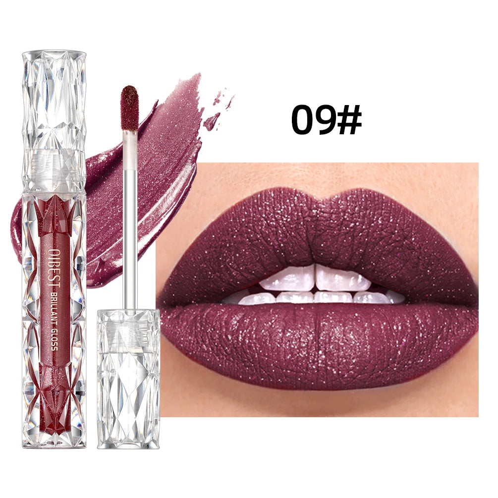 QIBEST-brillo de labios resistente al agua con brillo de diamante, lápiz labial líquido mate, esmalte de labios de perla brillante, tinte labial de larga duración, maquillaje para mujer