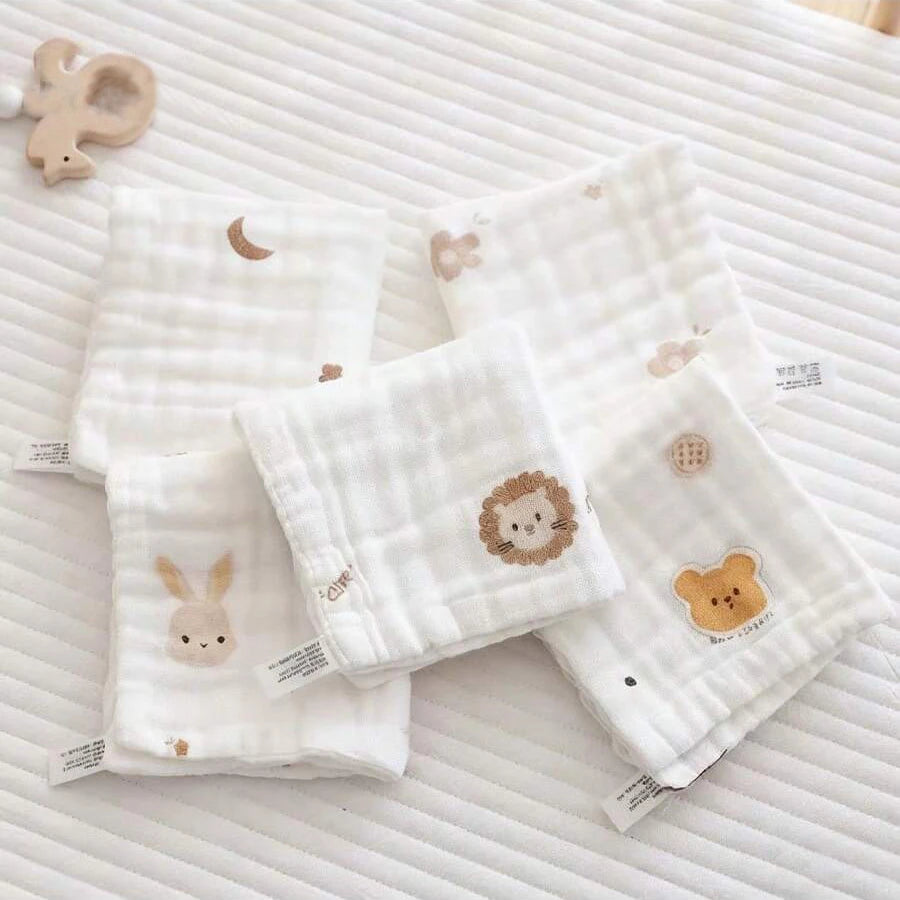 Paquete de 5 toallas cuadradas de gasa crepé para bebé, baberos bordados con dibujos florales, transpirables y que no sofocan, toallas faciales para bebé, pañuelos de lactancia, paquete combinado multicolor, toallitas fac