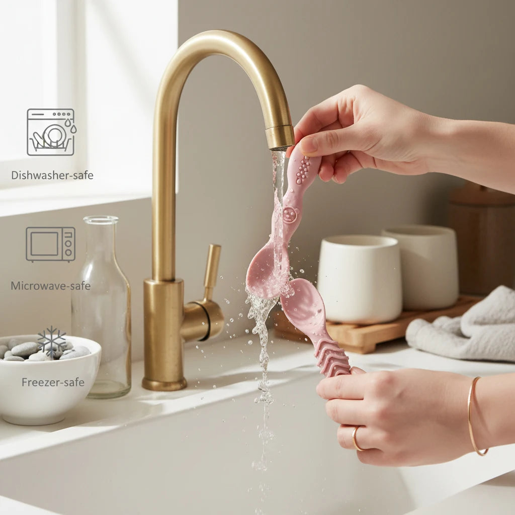 Juego de cucharas de silicona para bebé, 2 uds., diseño minimalista y elegante, accesorio para alimentar al bebé, lavable en lavavajillas, regalo ideal para bebé