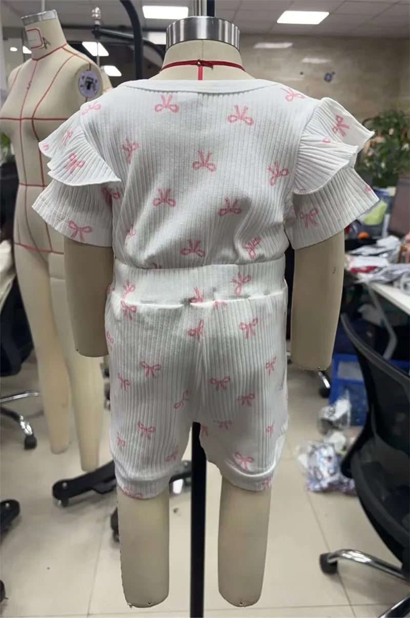 Conjuntos de verano para niña de 0 a 18 meses, pelele de manga corta con estampado de lazo, pantalones cortos de cintura elástica y diadema, conjunto de 3 uds.