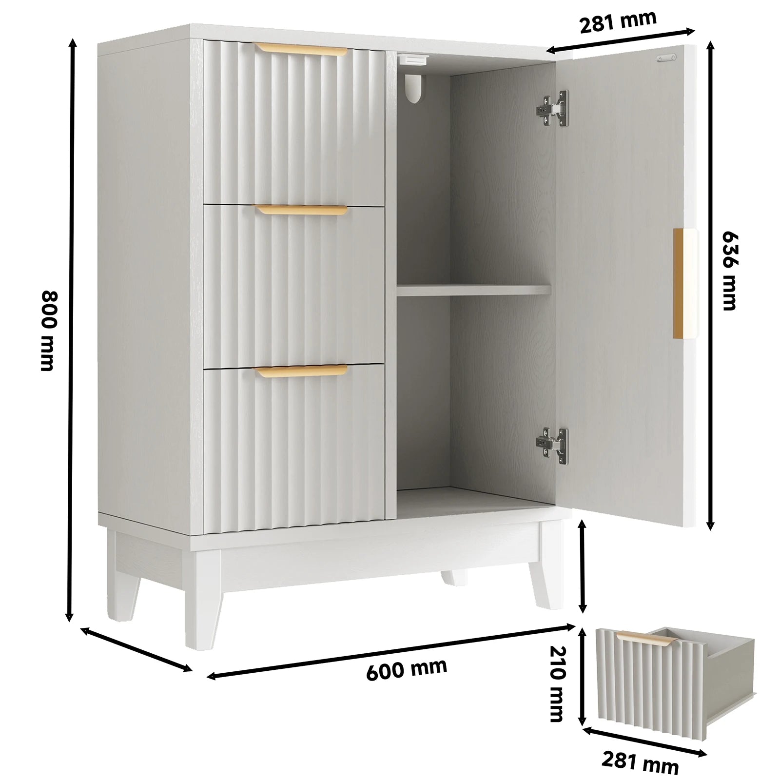 Organizador lateral de madera con 3 cajones y una puerta, con patas elevadas, para almacenamiento en el suelo, ideal para baño, ducha, dormitorio o armario del hogar.